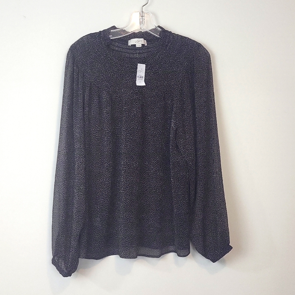 LOFT Black Tan Higher Neck Sheer Sleeve Peasant Blouse